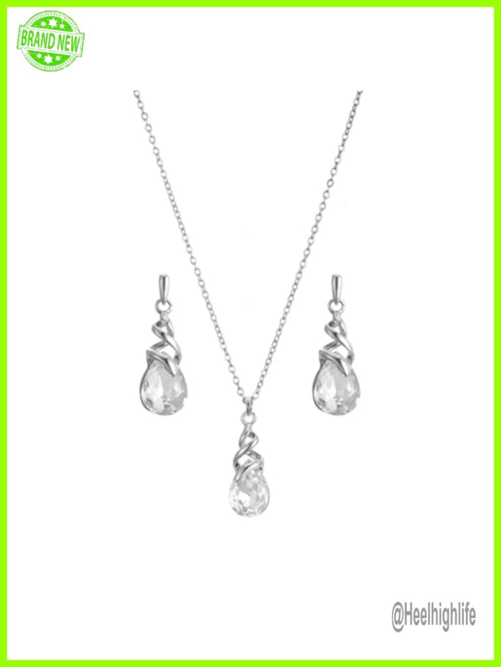 Teardrop Crystal Jewelry Set Copper White Gold Plated Necklace Earrings